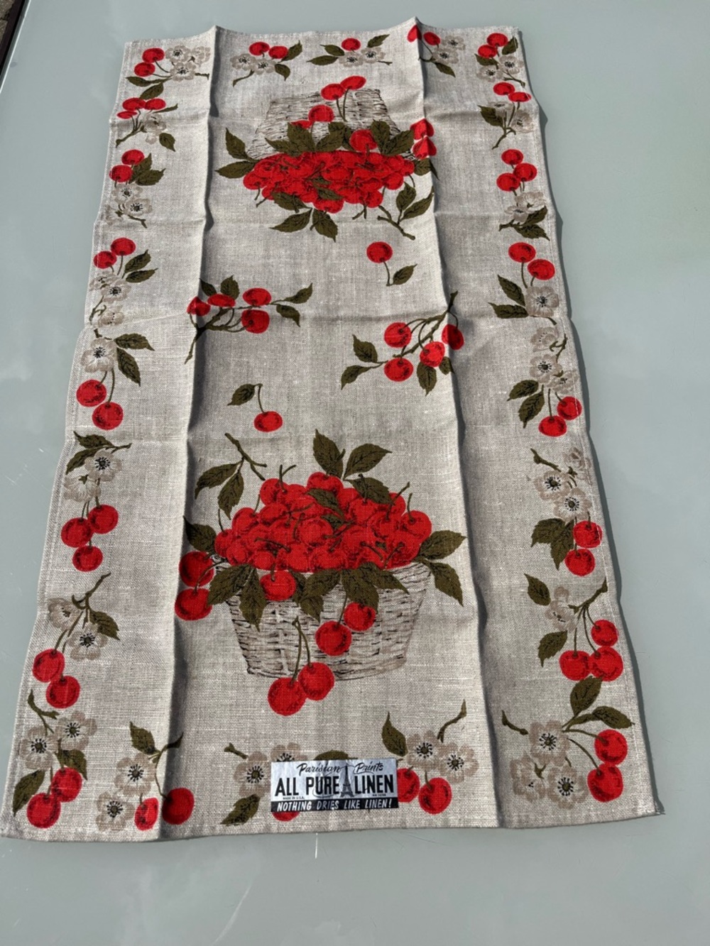 Vintage MCM Pure Linen Kitchen Dish Tea Towel Parisian Prints Cherries NEW
